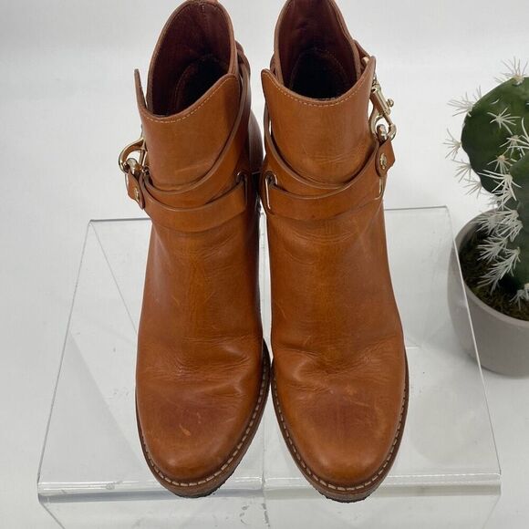 Mulberry Dorset Stacked Heel Buckle Ankle Boots Leather Cognac Size EU 38/ US 7‎ - Picture 3 of 16